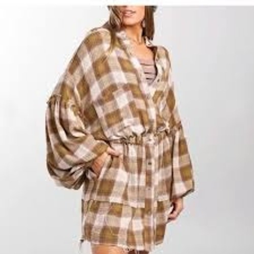 Free People Women Dress XS Brown Plaid Balloon Sleeve Mini Shirt Dress